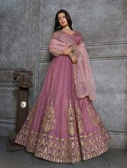 Mauve Pink Bridal Lehenga Choli with Gold Embroidery and Dupatta
