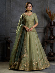 Sage Green Embroidered Lehenga Choli with Gold Work and Dupatta