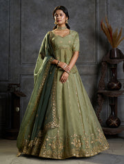 Sage Green Embroidered Lehenga Choli with Gold Work and Dupatta