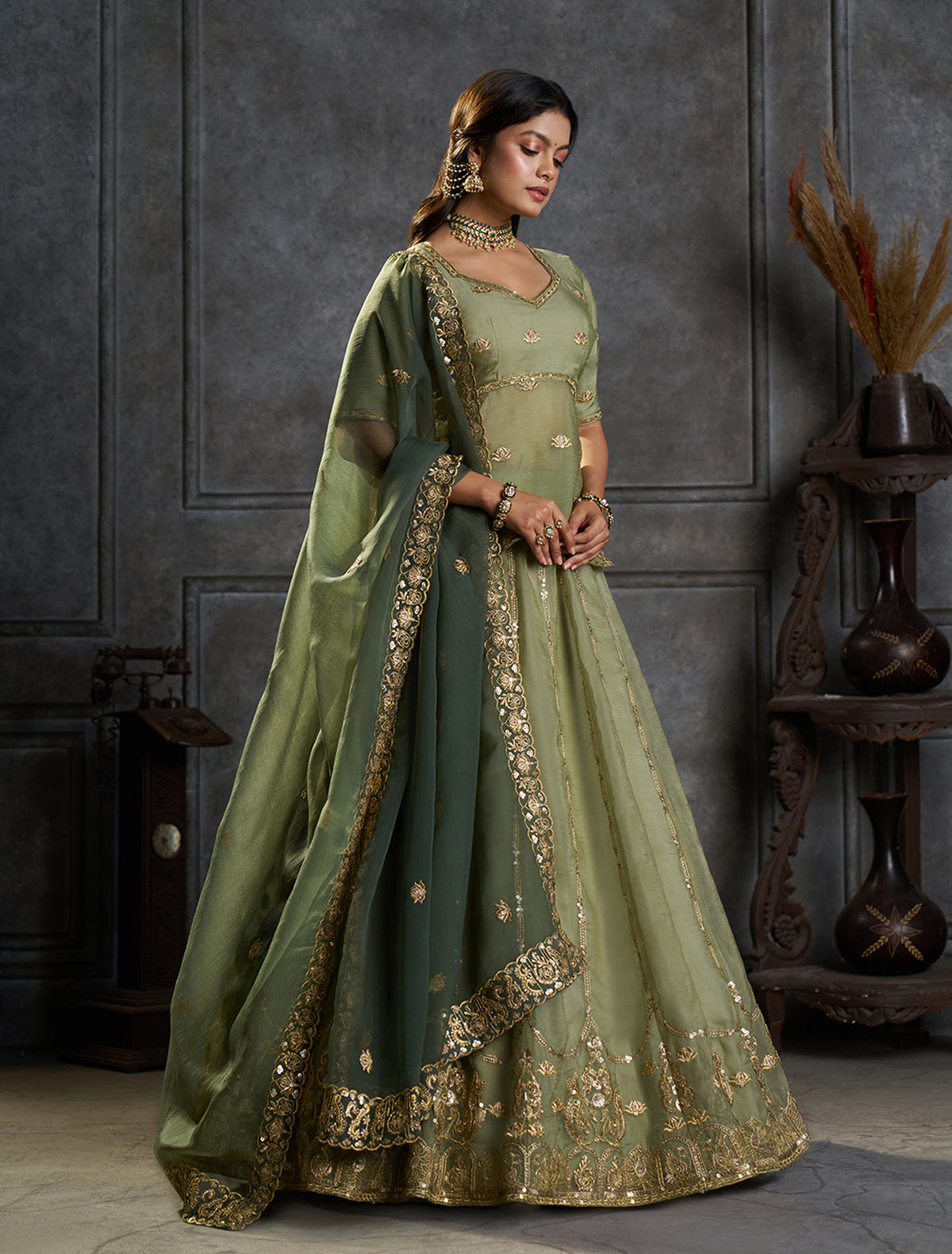 Sage Green Embroidered Lehenga Choli with Gold Work and Dupatta