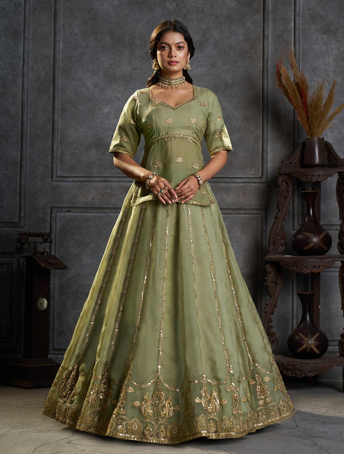 Sage Green Embroidered Lehenga Choli with Gold Work and Dupatta