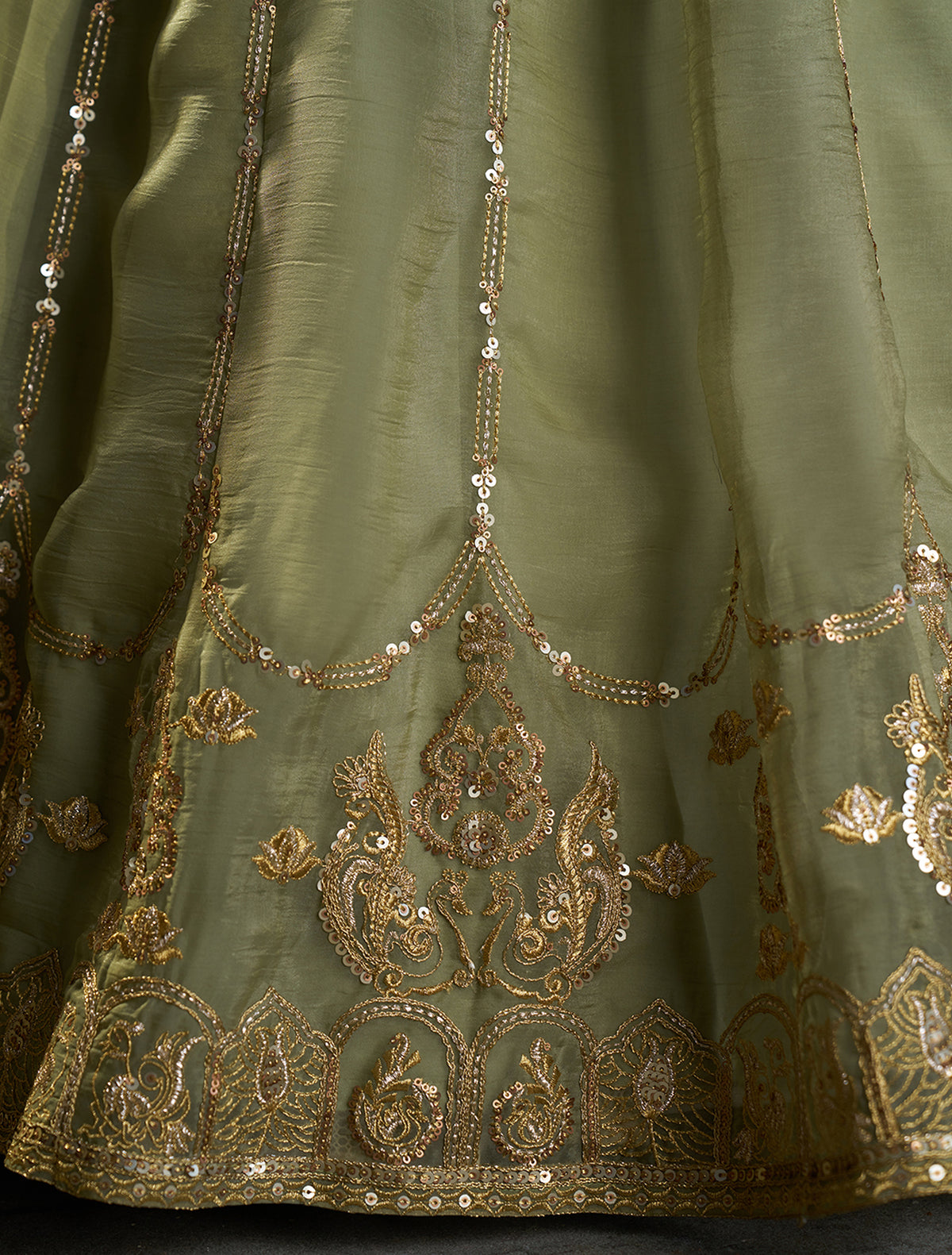 Sage Green Embroidered Lehenga Choli with Gold Work and Dupatta