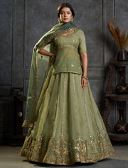 Sage Green Embroidered Lehenga Choli with Gold Work and Dupatta