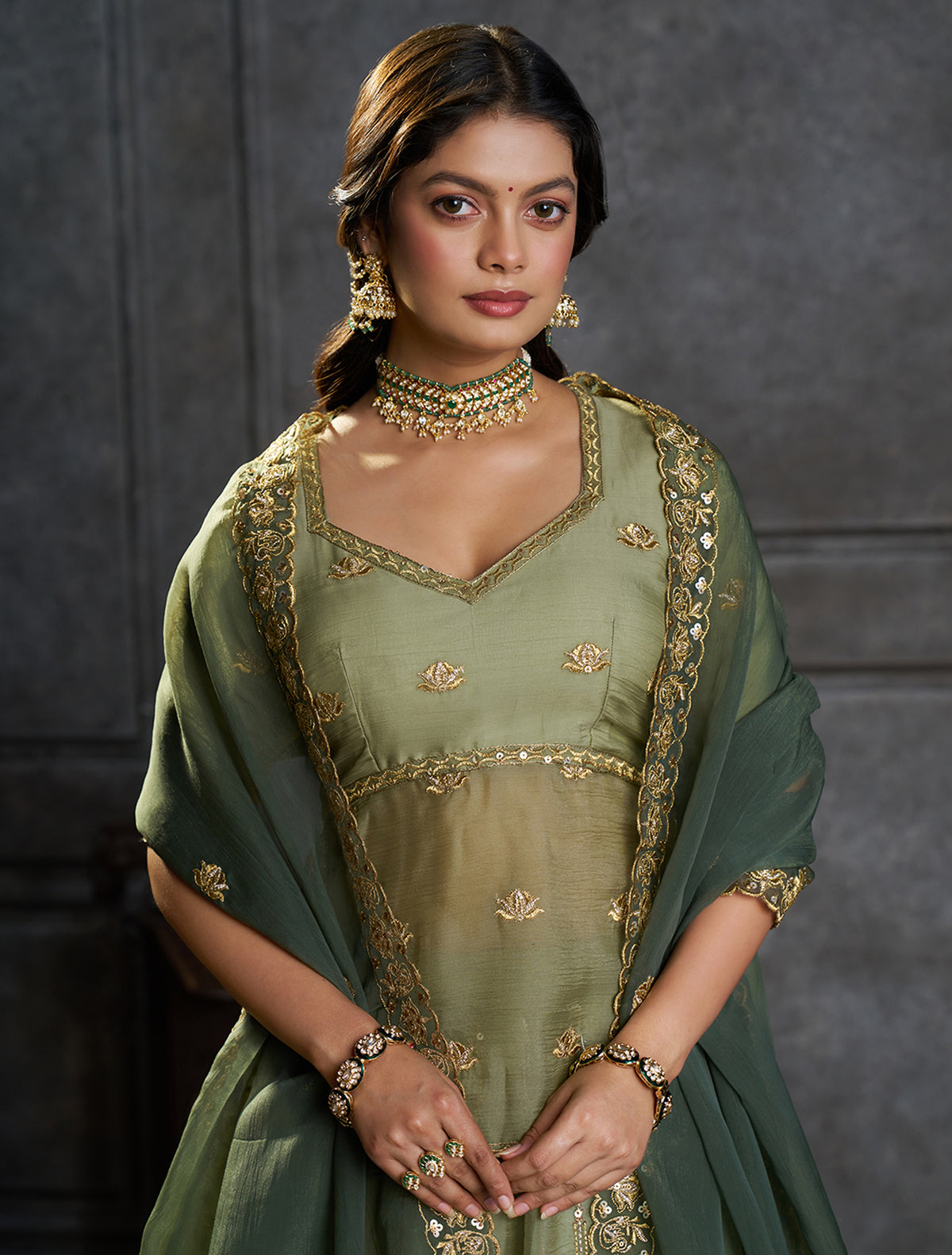 Sage Green Embroidered Lehenga Choli with Gold Work and Dupatta