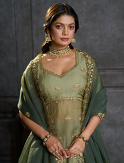 Sage Green Embroidered Lehenga Choli with Gold Work and Dupatta