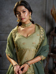 Sage Green Embroidered Lehenga Choli with Gold Work and Dupatta
