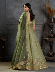 Sage Green Embroidered Lehenga Choli with Gold Work and Dupatta