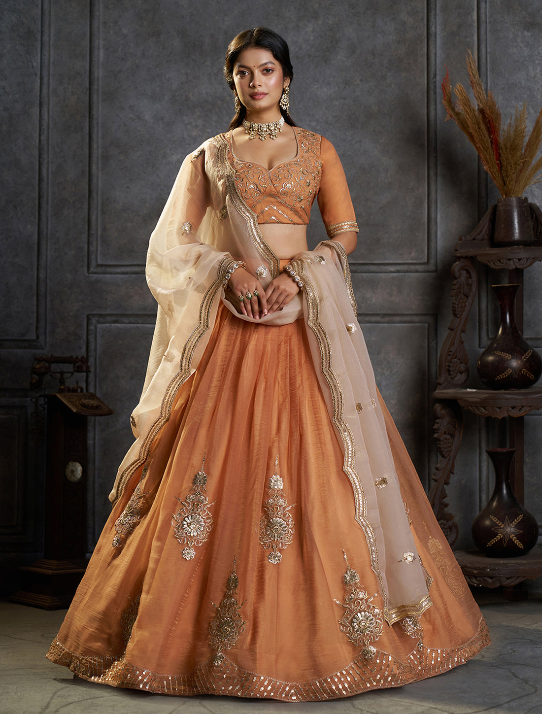 Peach Embroidered Bridal Lehenga Choli with Ivory Dupatta