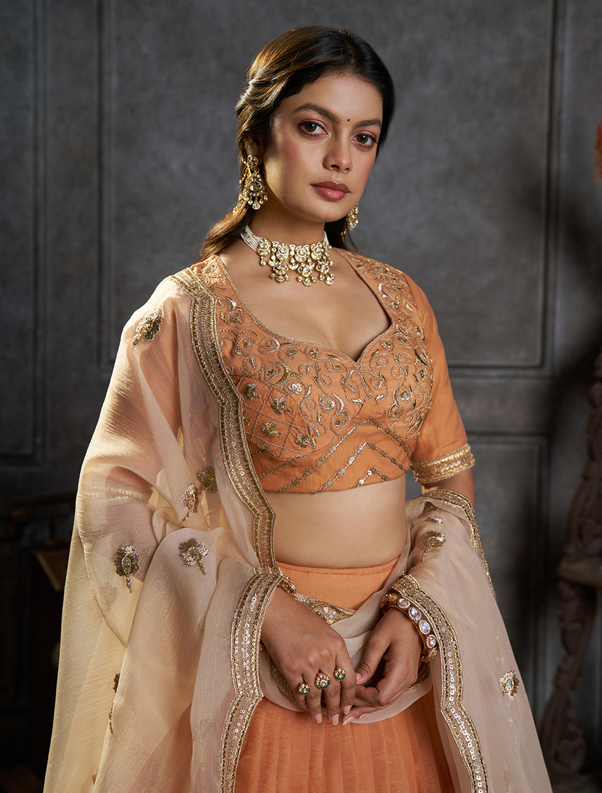 Peach Embroidered Bridal Lehenga Choli with Ivory Dupatta