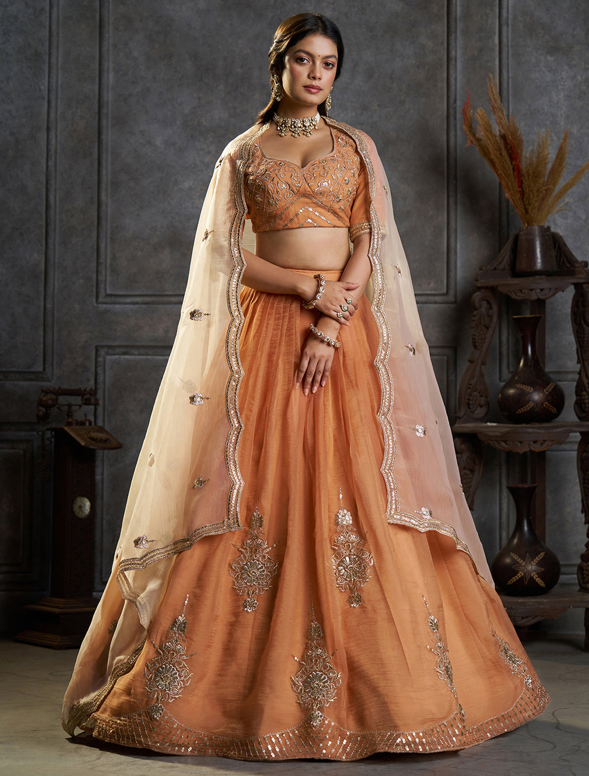 Peach Embroidered Bridal Lehenga Choli with Ivory Dupatta