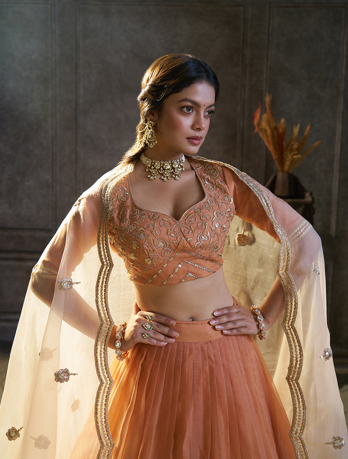 Peach Embroidered Bridal Lehenga Choli with Ivory Dupatta