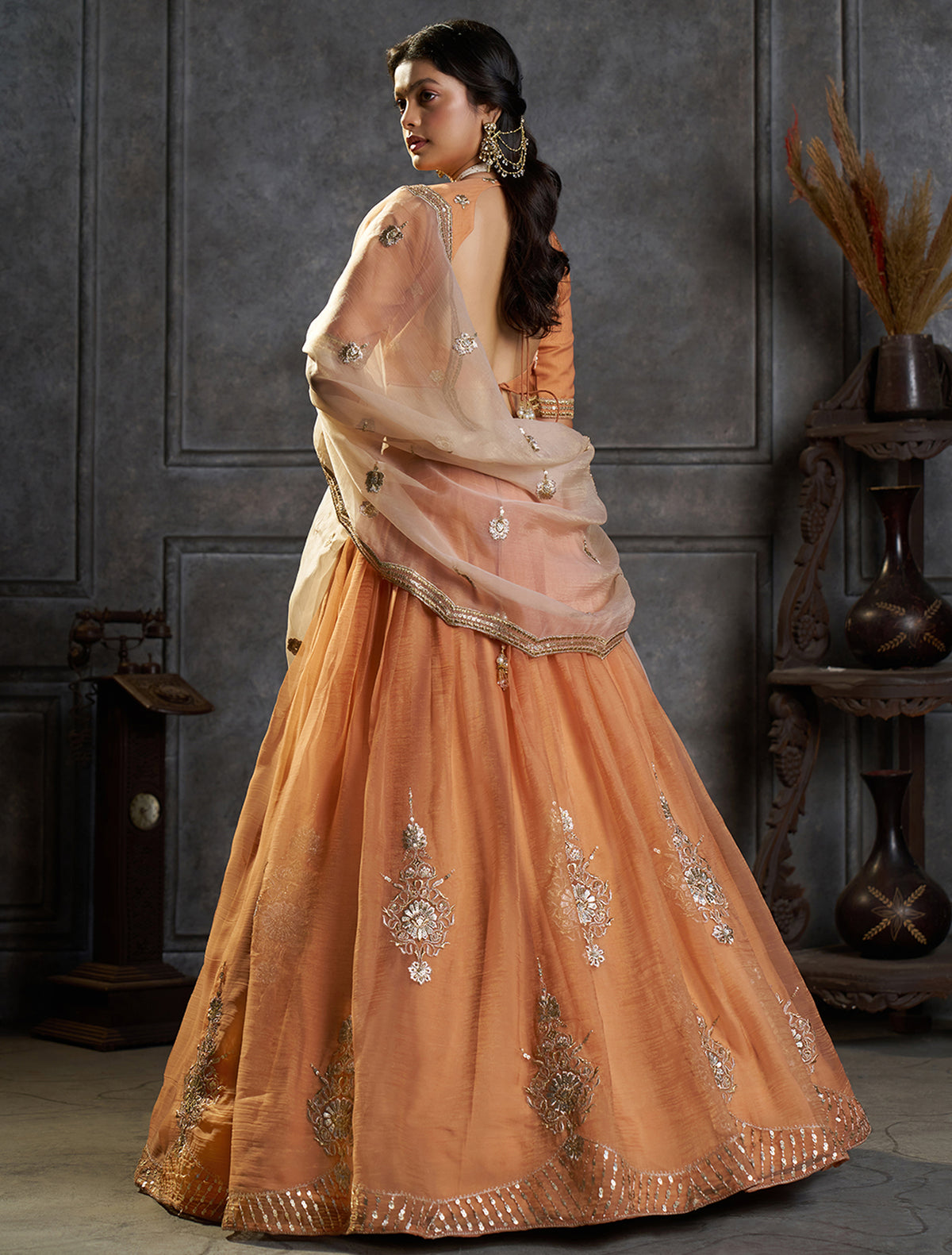 Peach Embroidered Bridal Lehenga Choli with Ivory Dupatta