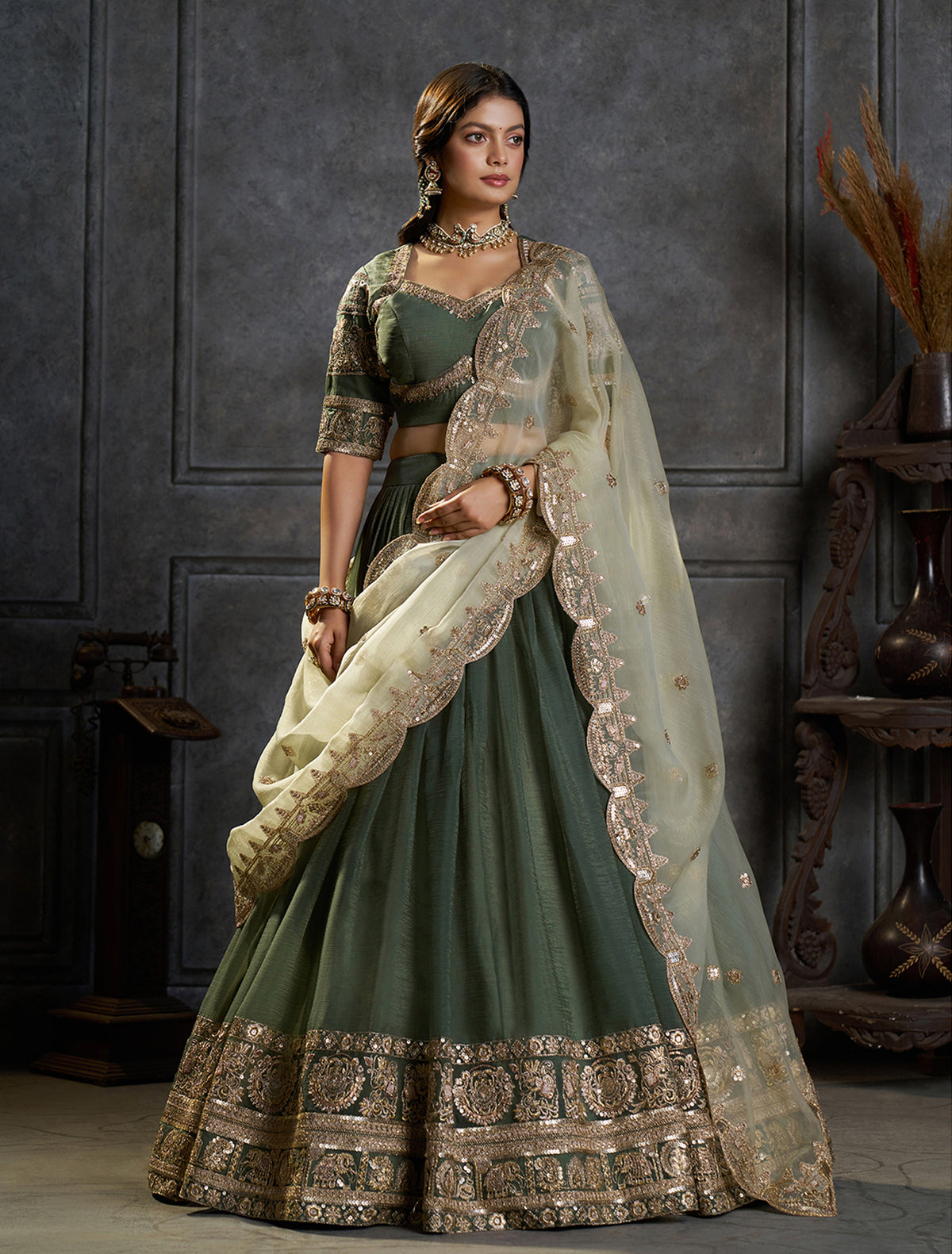 Green Organza Embroidered Lehenga Choli with Dupatta