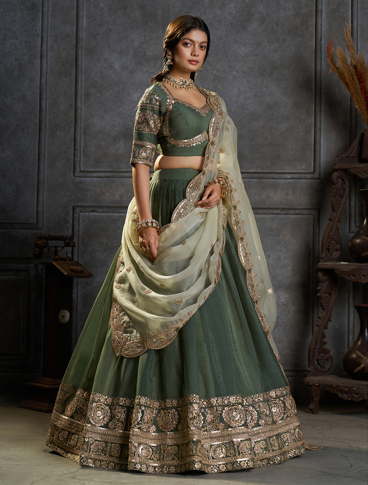 Green Organza Embroidered Lehenga Choli with Dupatta