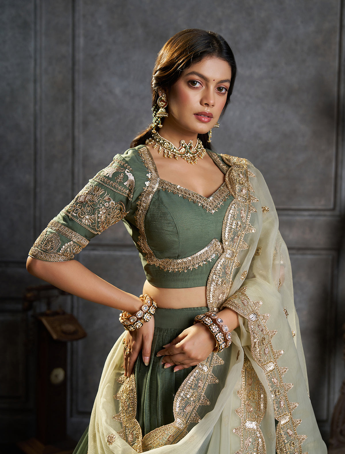 Green Organza Embroidered Lehenga Choli with Dupatta