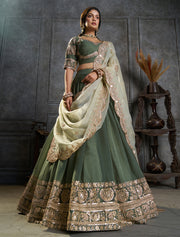 Green Organza Embroidered Lehenga Choli with Dupatta