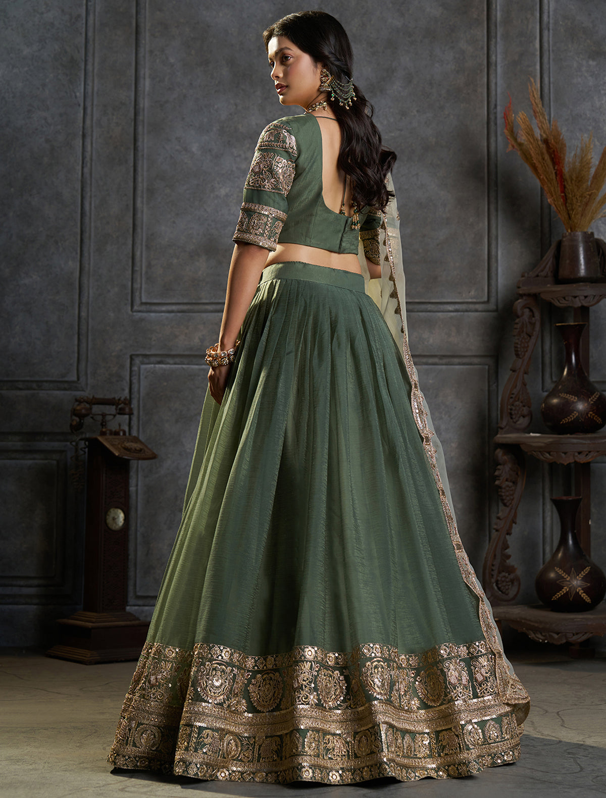 Green Organza Embroidered Lehenga Choli with Dupatta