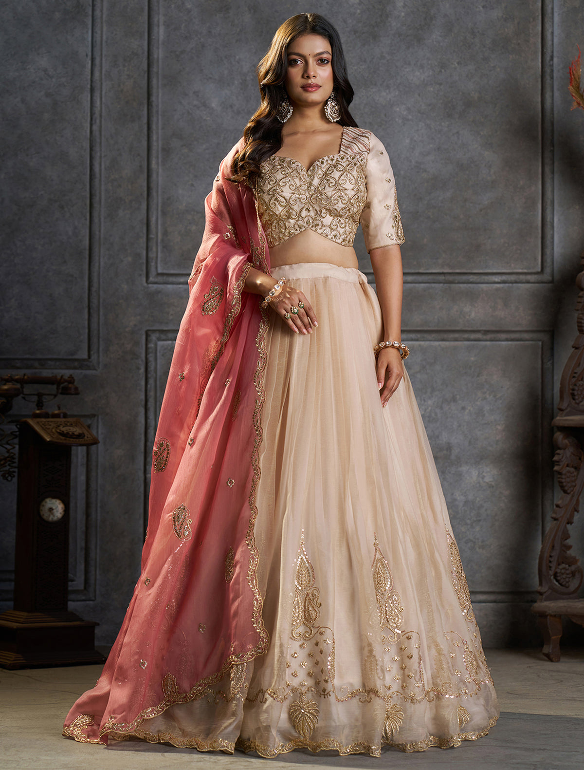 Ivory Organza Embroidered Lehenga Choli with Dupatta