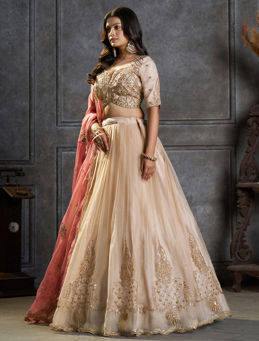 Ivory Organza Embroidered Lehenga Choli with Dupatta