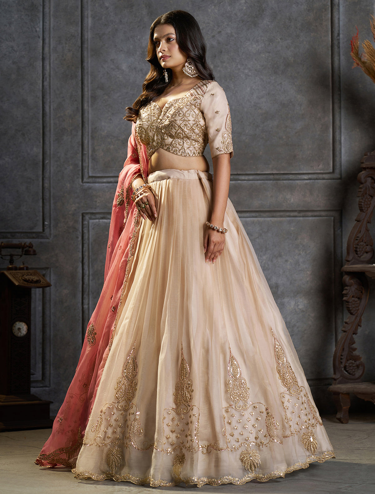 Ivory Organza Embroidered Lehenga Choli with Dupatta