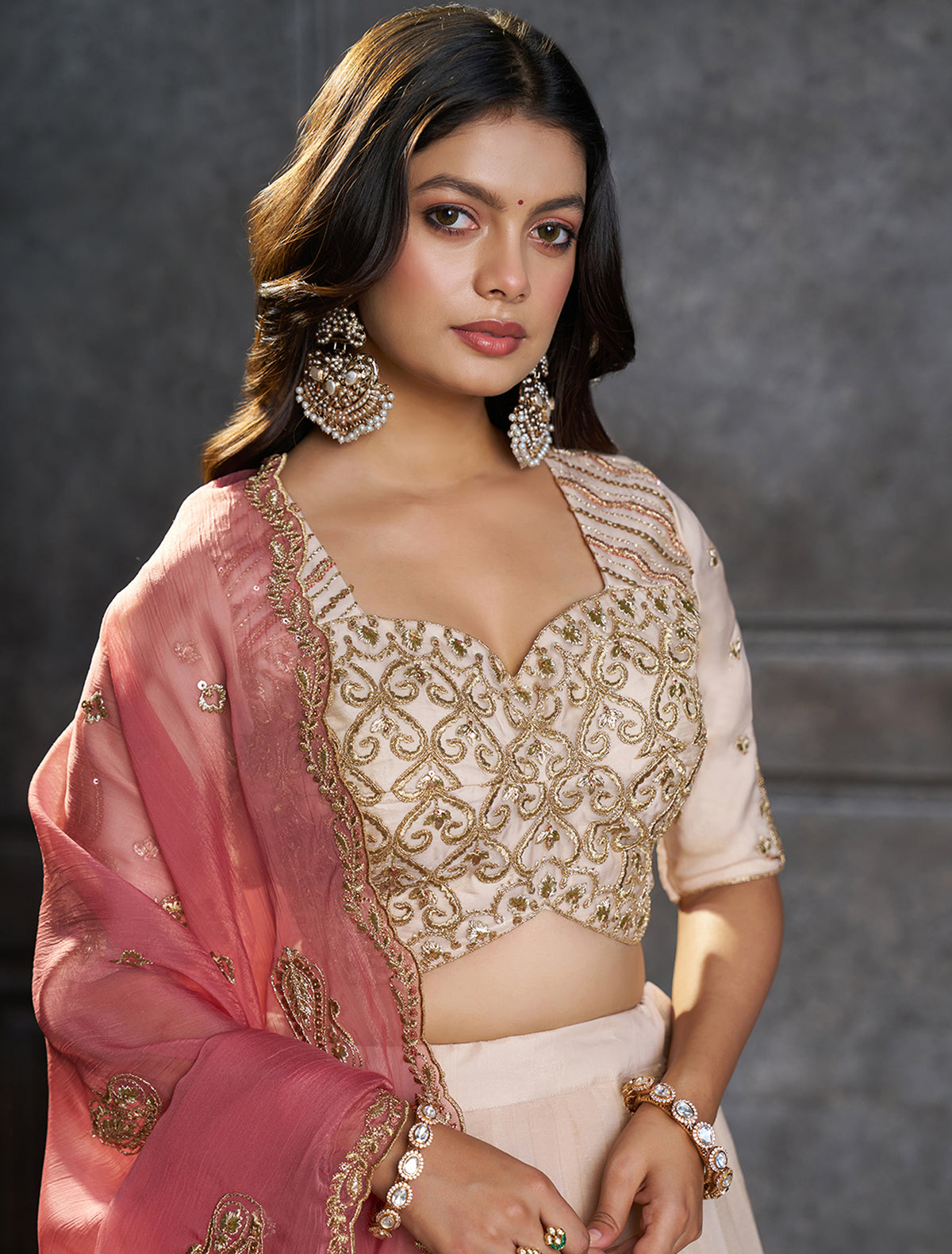 Ivory Organza Embroidered Lehenga Choli with Dupatta