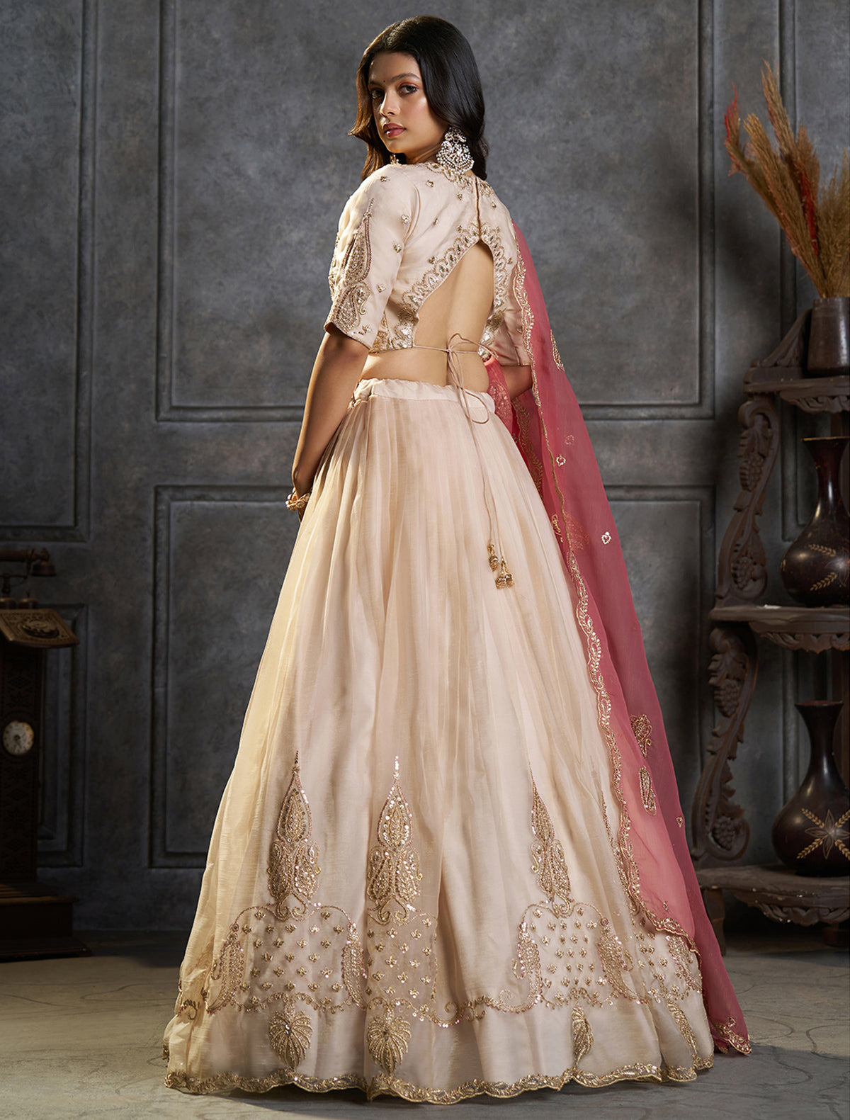 Ivory Organza Embroidered Lehenga Choli with Dupatta