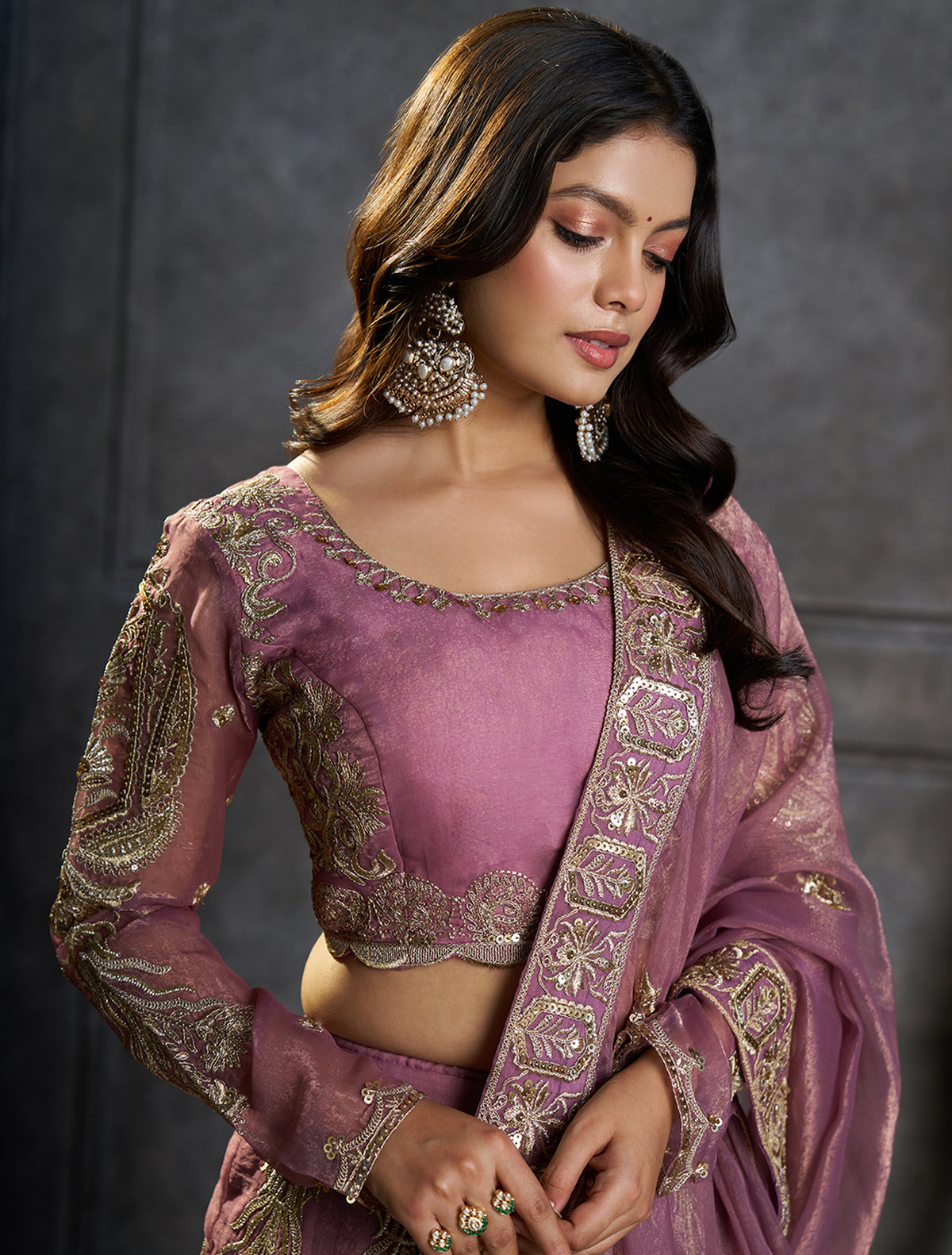 Mauve Lehenga Choli with Heavy Gold Embroidery & Dupatta