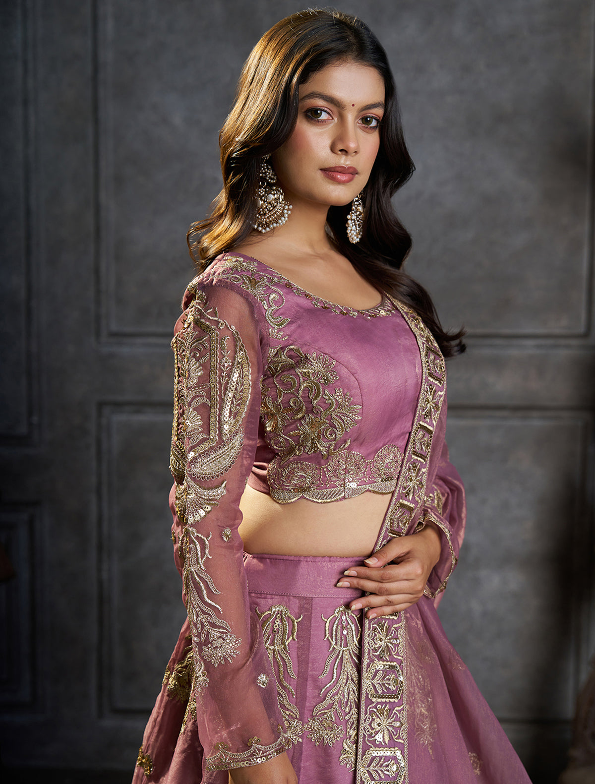 Mauve Lehenga Choli with Heavy Gold Embroidery & Dupatta