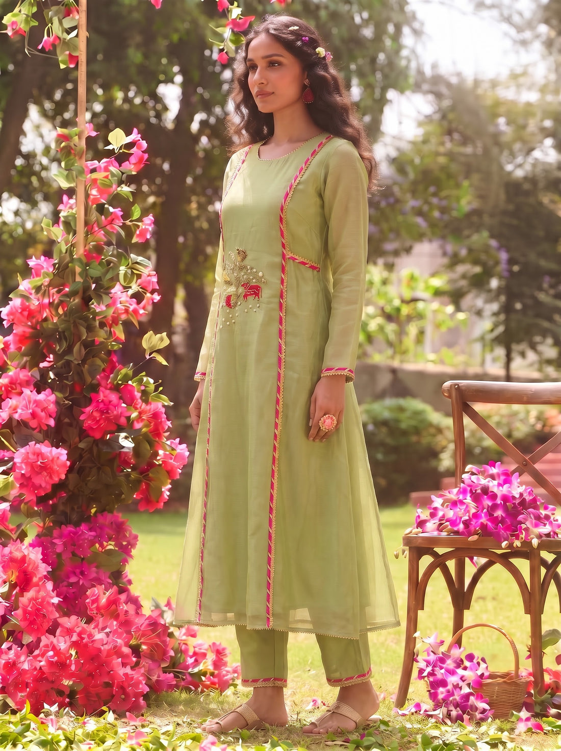 Pista Green Pichwai Embroidered Tissue Kurta Pant Set