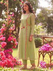 Pista Green Pichwai Embroidered Tissue Kurta Pant Set