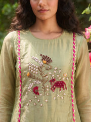 Pista Green Pichwai Embroidered Tissue Kurta Pant Set