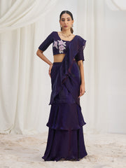 Wine Ruffle Lehenga Saree with Floral Embroidered Blouse