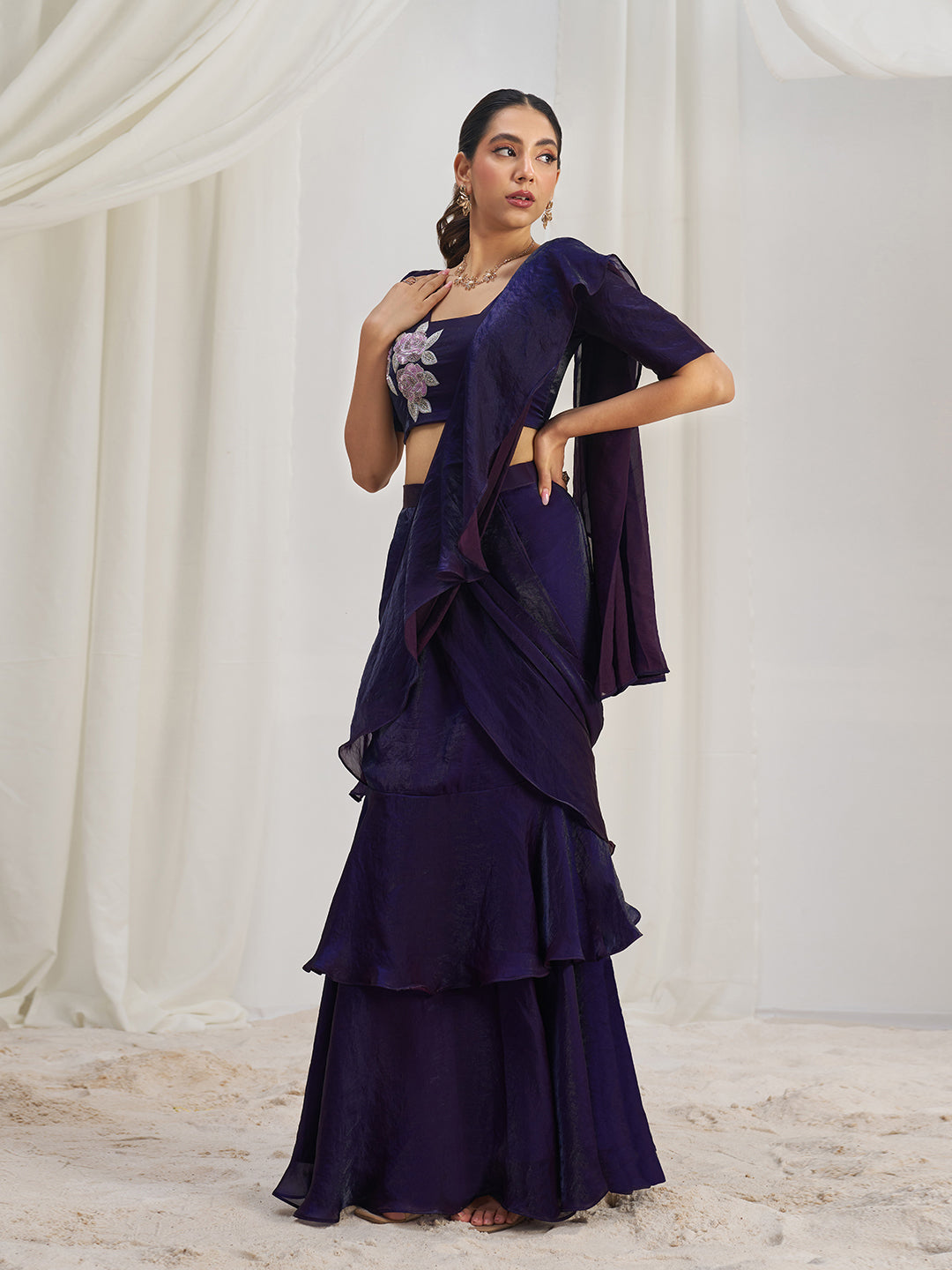 Wine Ruffle Lehenga Saree with Floral Embroidered Blouse
