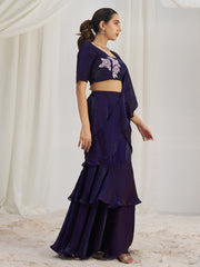 Wine Ruffle Lehenga Saree with Floral Embroidered Blouse