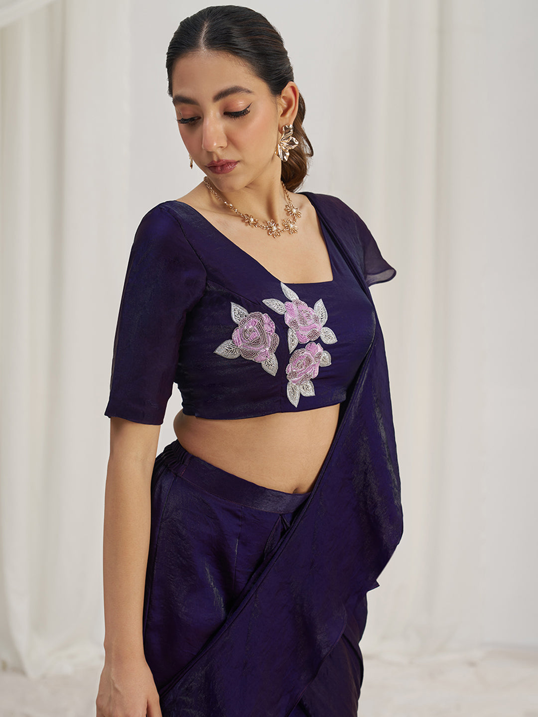 Wine Ruffle Lehenga Saree with Floral Embroidered Blouse