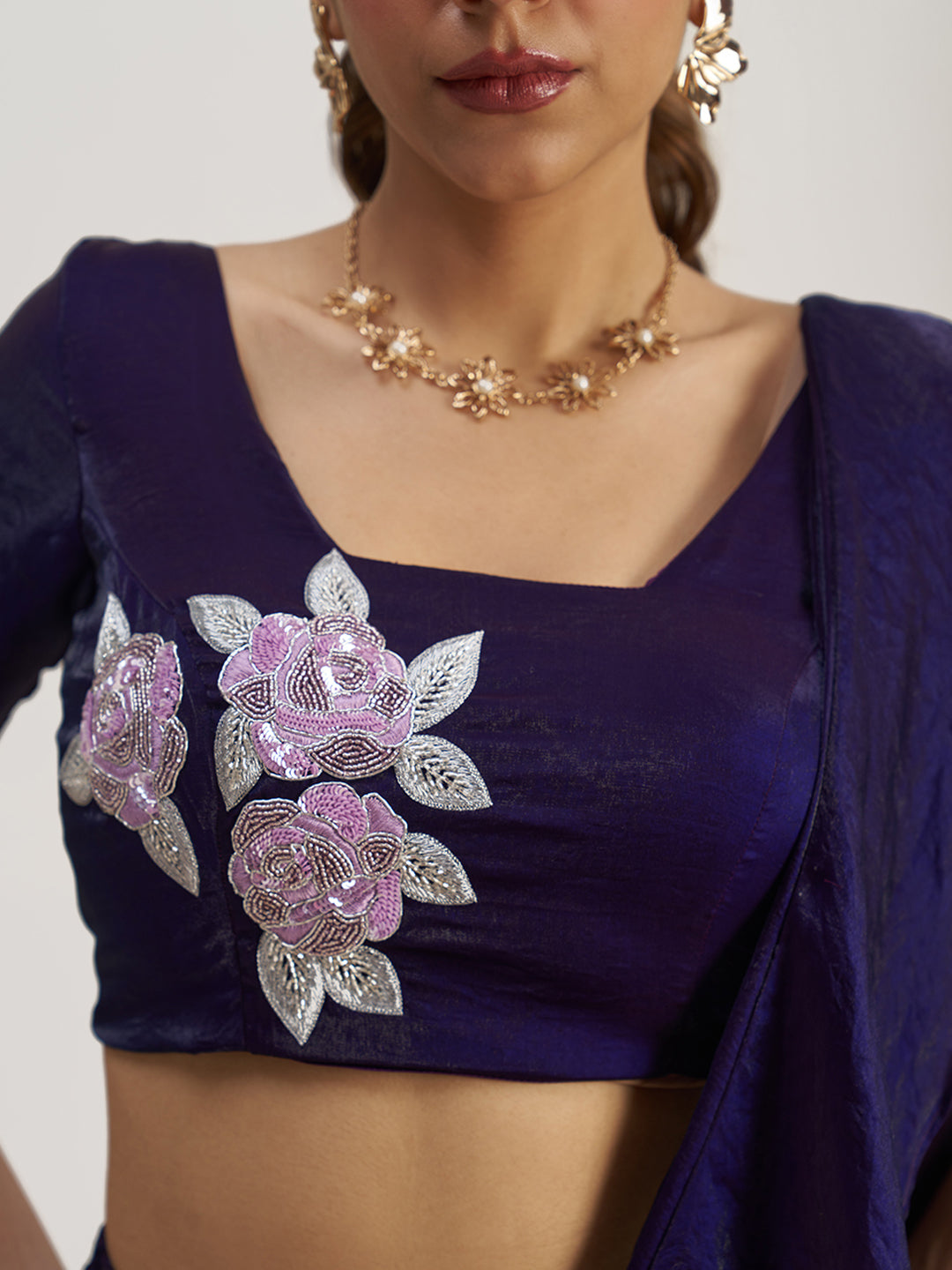 Wine Ruffle Lehenga Saree with Floral Embroidered Blouse