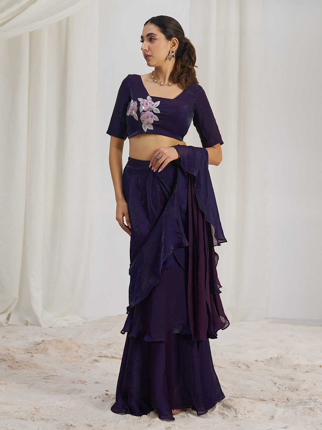 Wine Ruffle Lehenga Saree with Floral Embroidered Blouse
