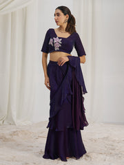 Wine Ruffle Lehenga Saree with Floral Embroidered Blouse