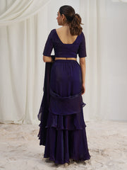 Navy Blue Ruffle Lehenga Saree with Floral Embroidered Blouse
