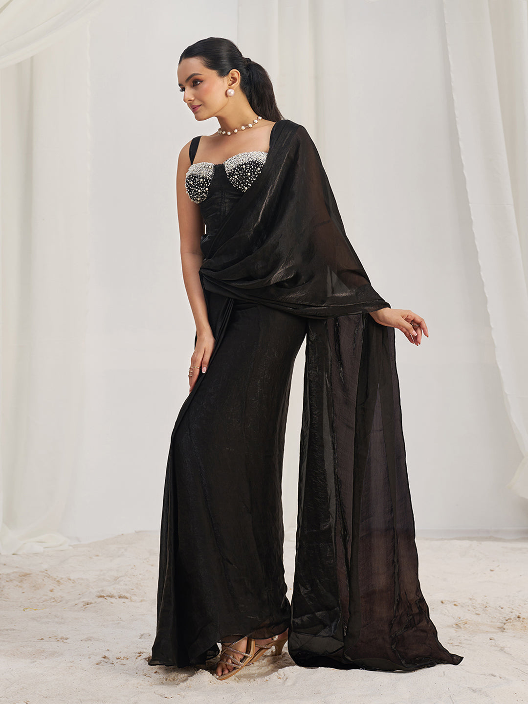 Black Designer Saree with Pearl Embellished Blouse