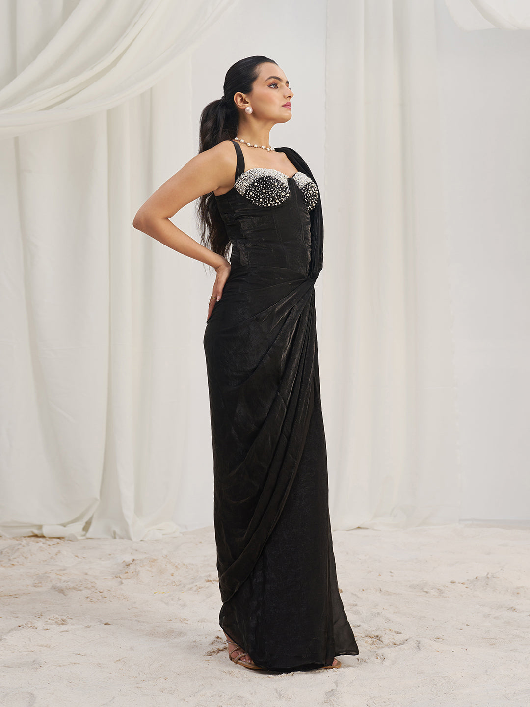 Black Designer Saree with Pearl Embellished Blouse
