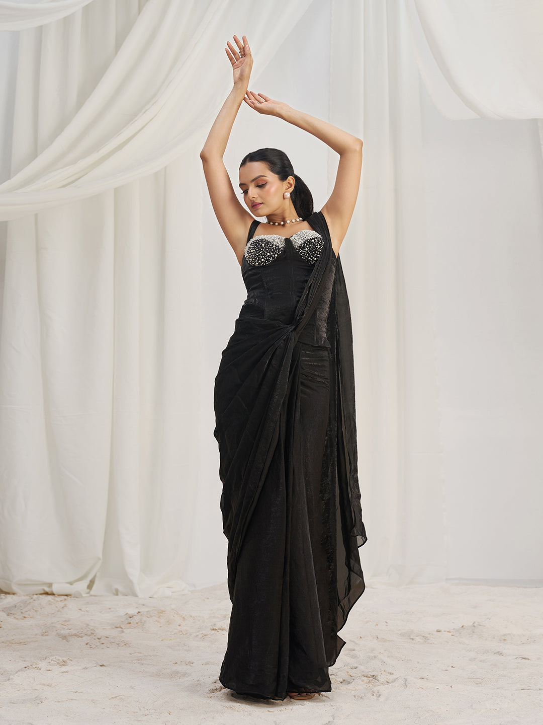 Black Designer Saree with Pearl Embellished Blouse