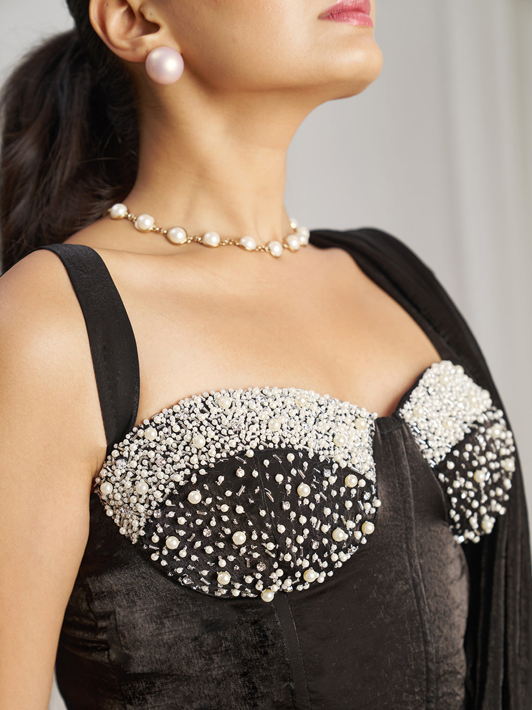 Black Designer Saree with Pearl Embellished Blouse