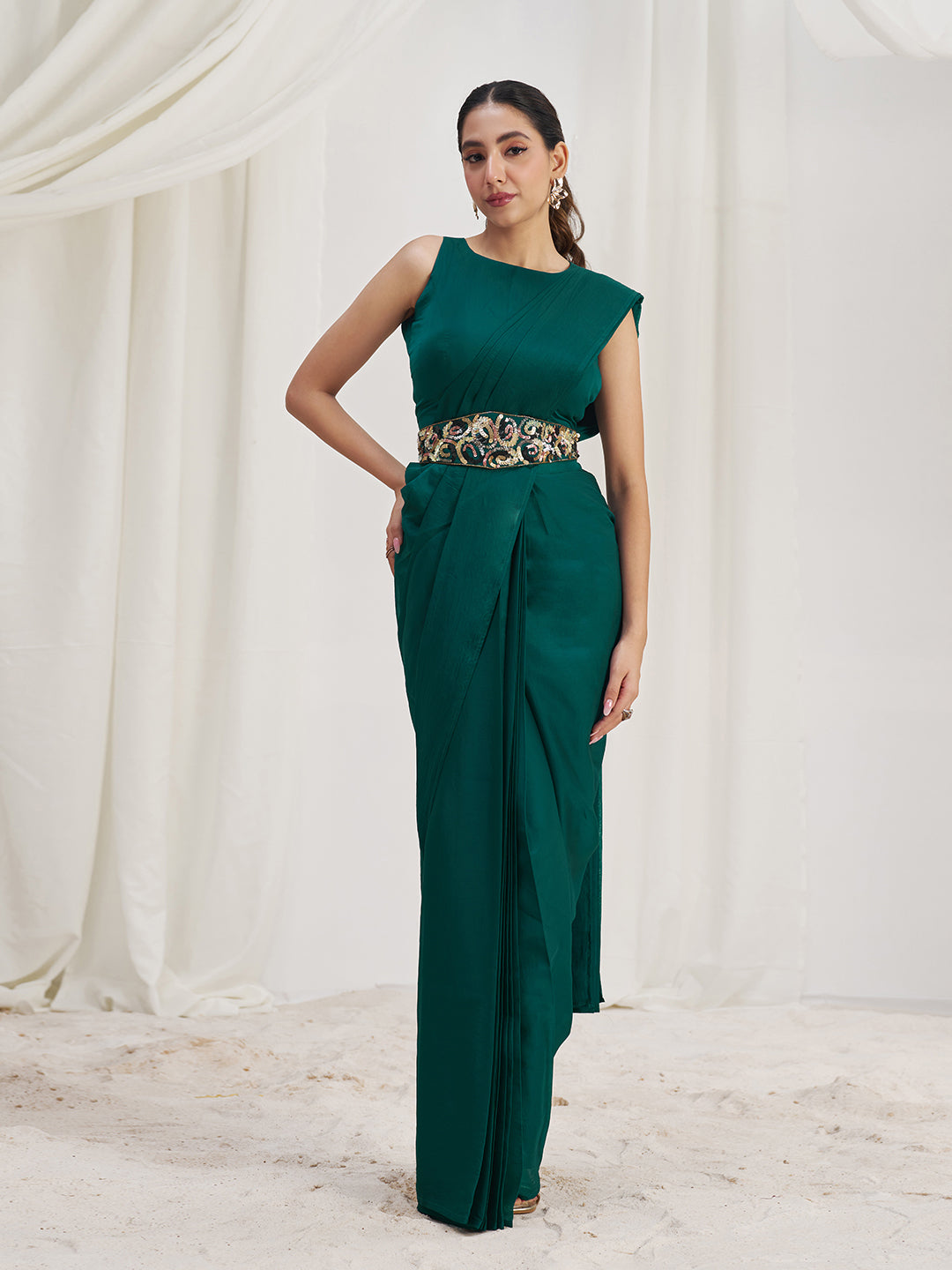 Emerald Green Designer Saree with Embellished Waist Belt