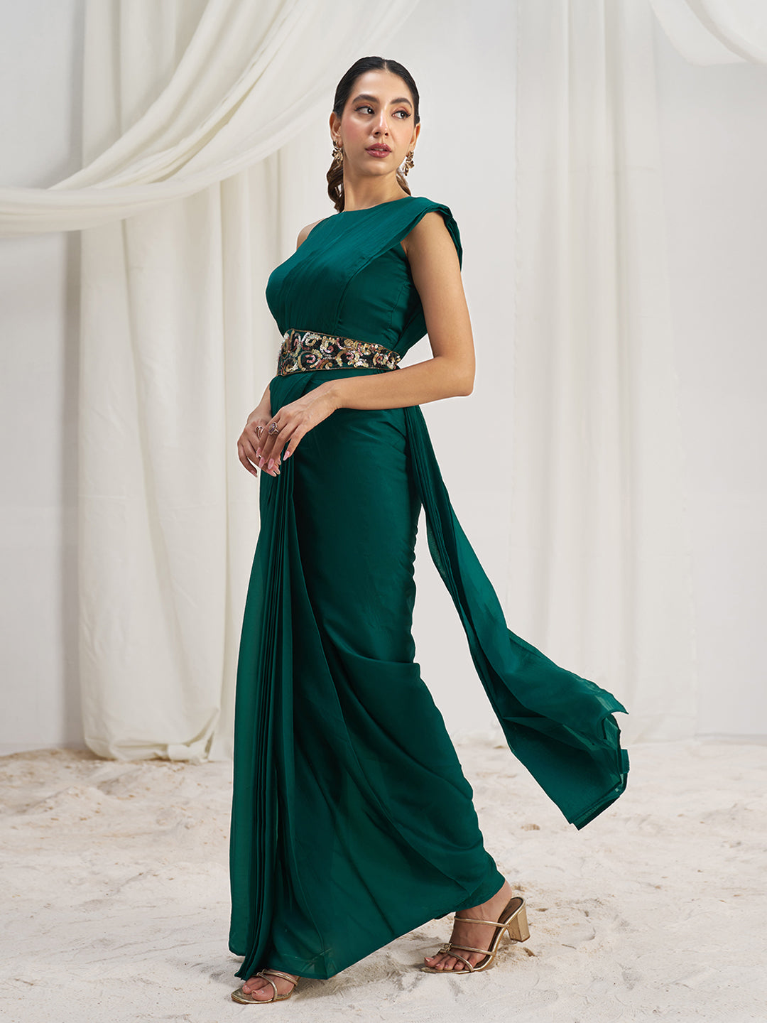 Emerald Green Designer Saree with Embellished Waist Belt