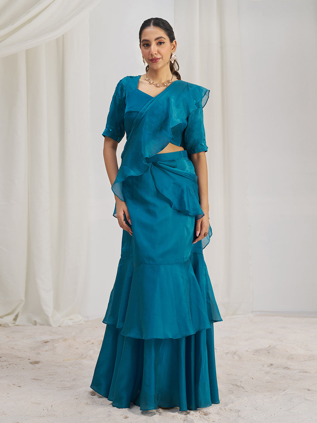 Teal Blue Ruffle Saree with Designer Blouse