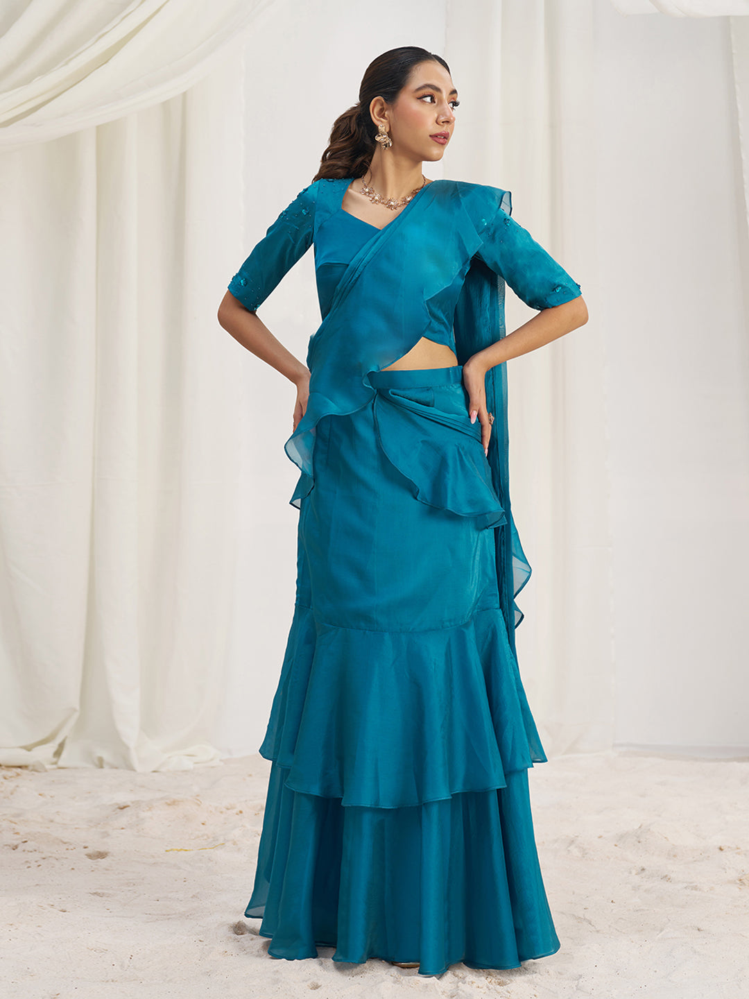 Teal Blue Ruffle Saree with Designer Blouse