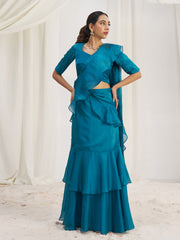 Teal Blue Ruffle Saree with Designer Blouse