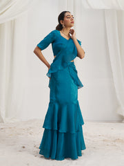 Teal Blue Ruffle Saree with Designer Blouse