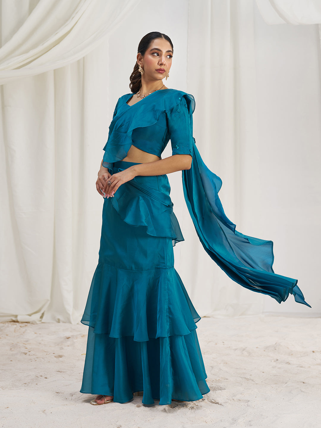 Teal Blue Ruffle Saree with Designer Blouse
